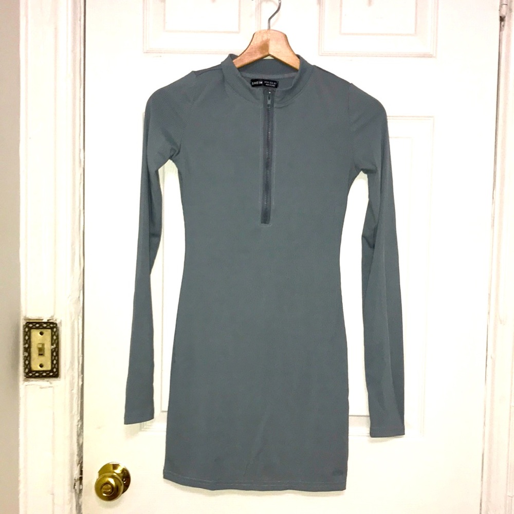 SHEIN Teal Blue Zip Neck Mini Dress